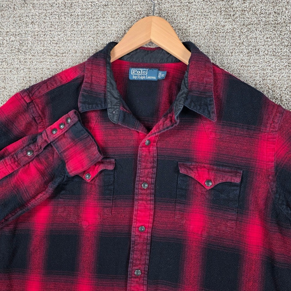 Vintage Polo Ralph Lauren Mens XL Buffalo Plaid Flannel Western Pearl Snap Shirt